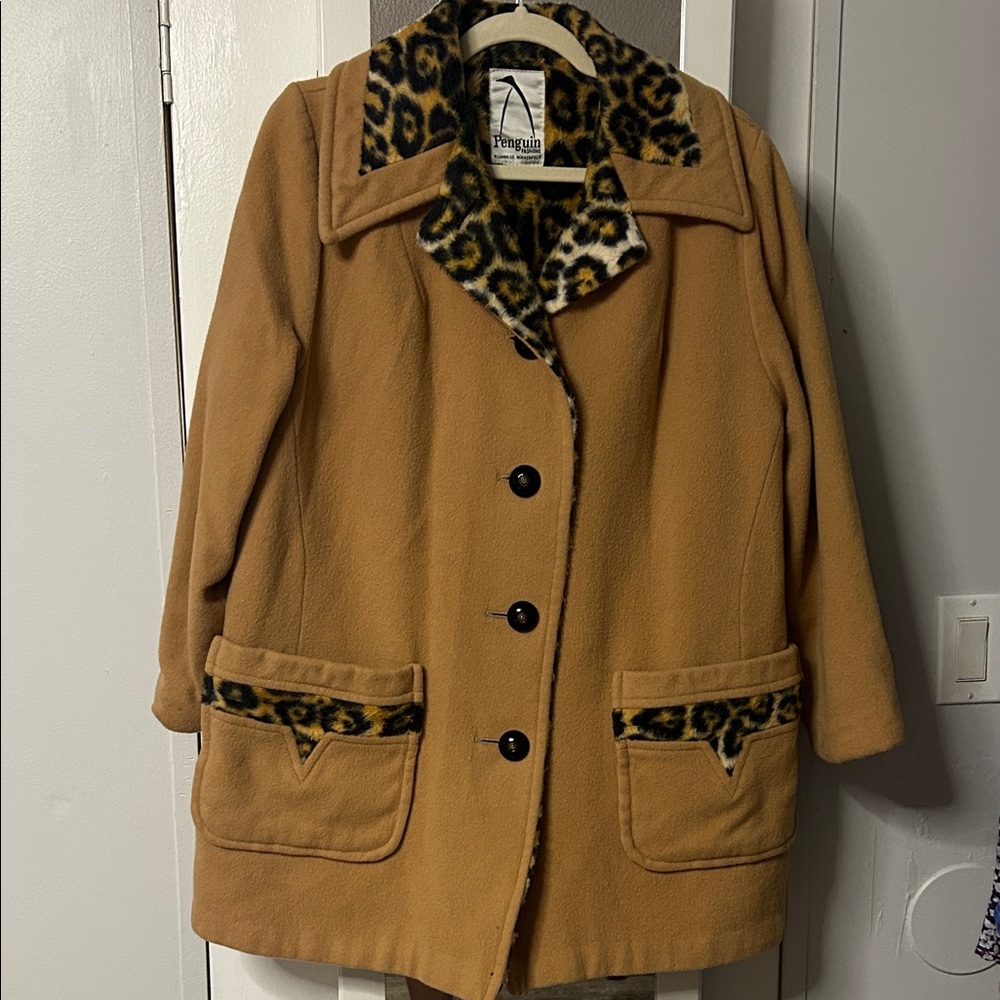 VINTAGE M. Limon Co. Penguin Fashions Tan Pea Coat with Leopard Print